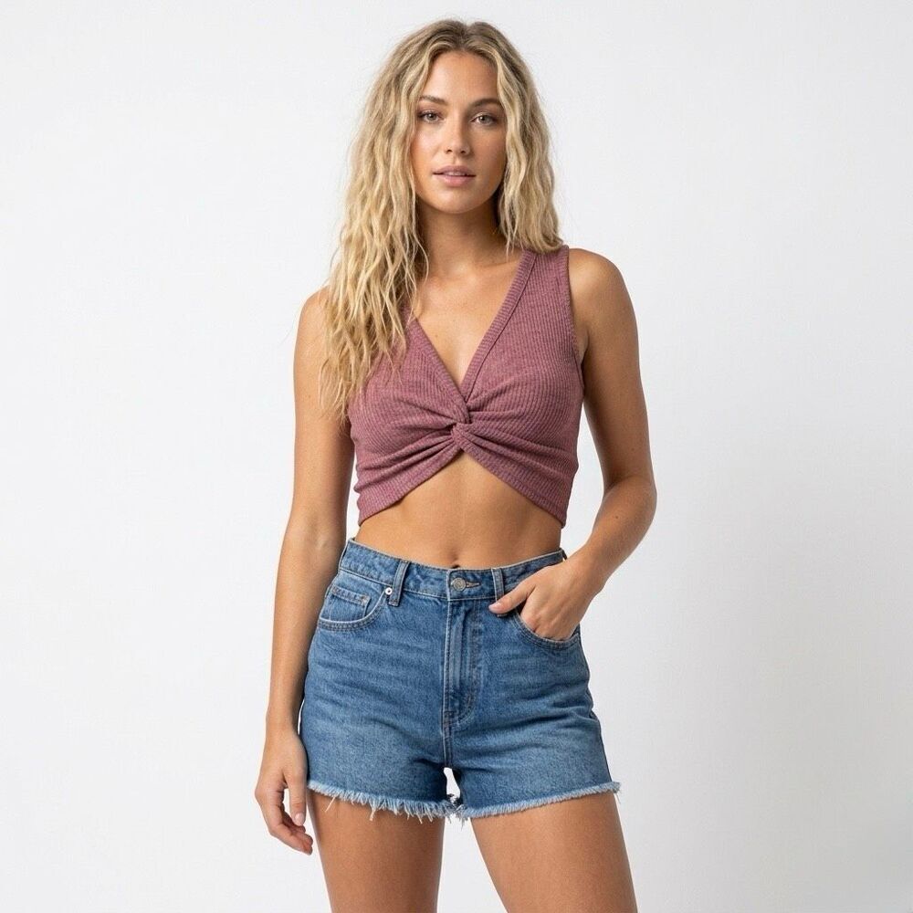 NWOT Maronie Anthropologie Mauve Ribbed Twist Front Crop Tank Top Small Summer